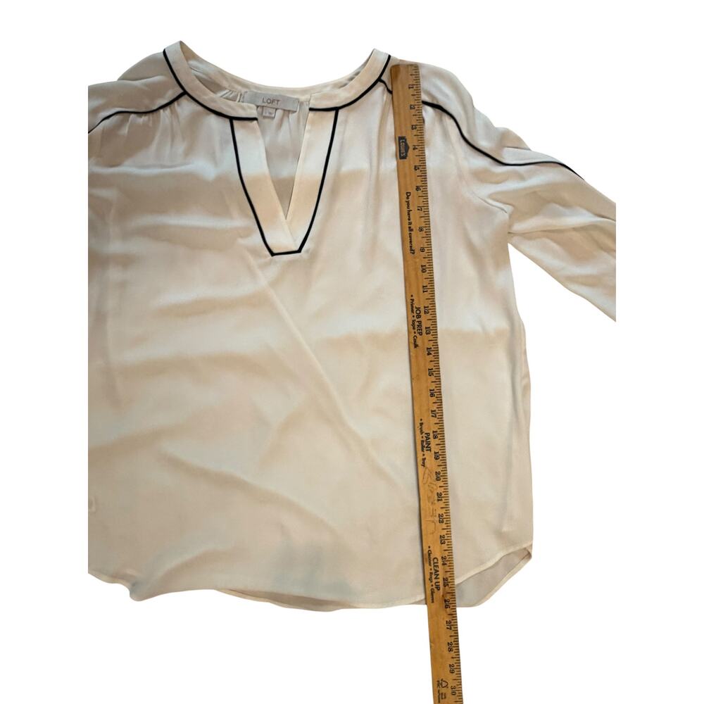 LOFT Cream Blouse | Black Piping | V-Neck | Wide Cuff | Sheer | Size L - Picture 4 of 6